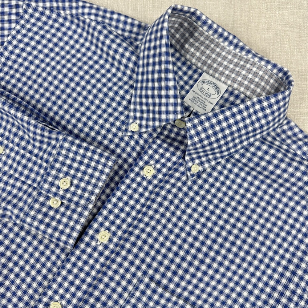 Brooks Brothers Button Down Shirt Mens L Blue Gingham Non-Iron Supima Cotton